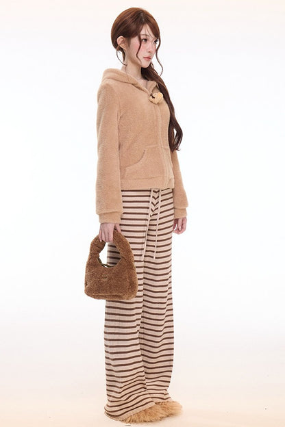 Teddy Bear Hooded Jacket and Striped Knit Pants Set-Up