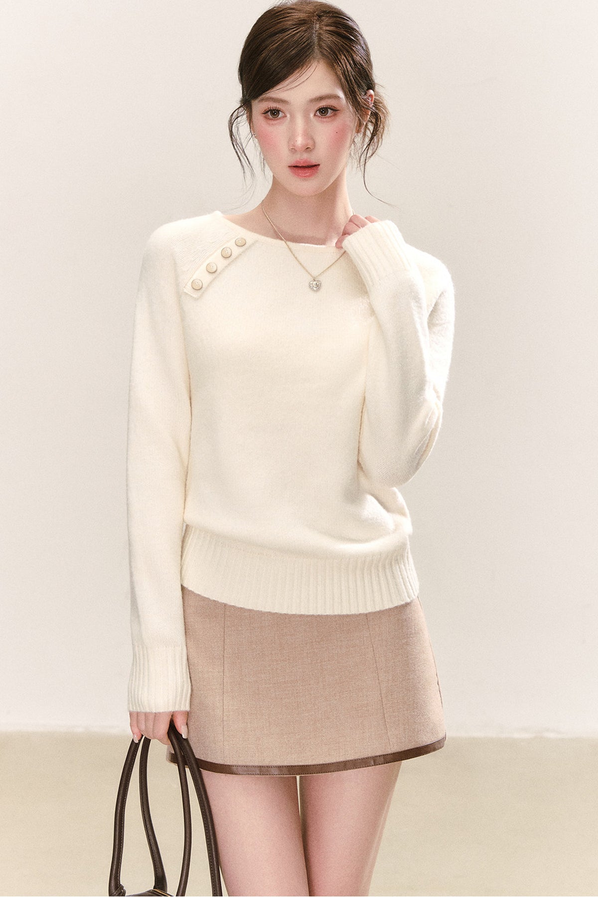Diagonal Button Round Neck Knit Sweater