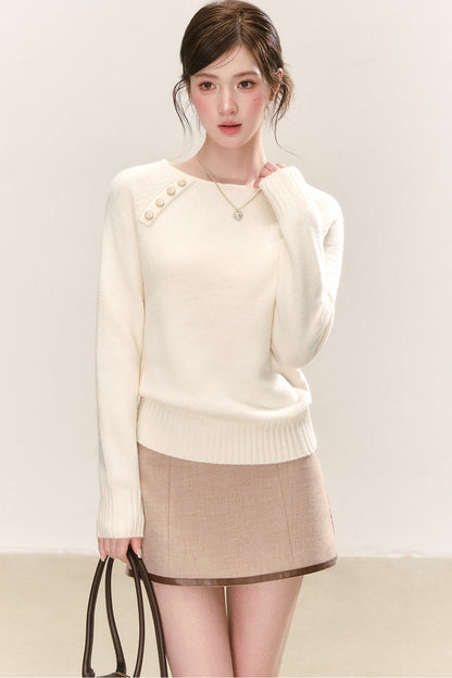 Diagonal Button Round Neck Knit Sweater