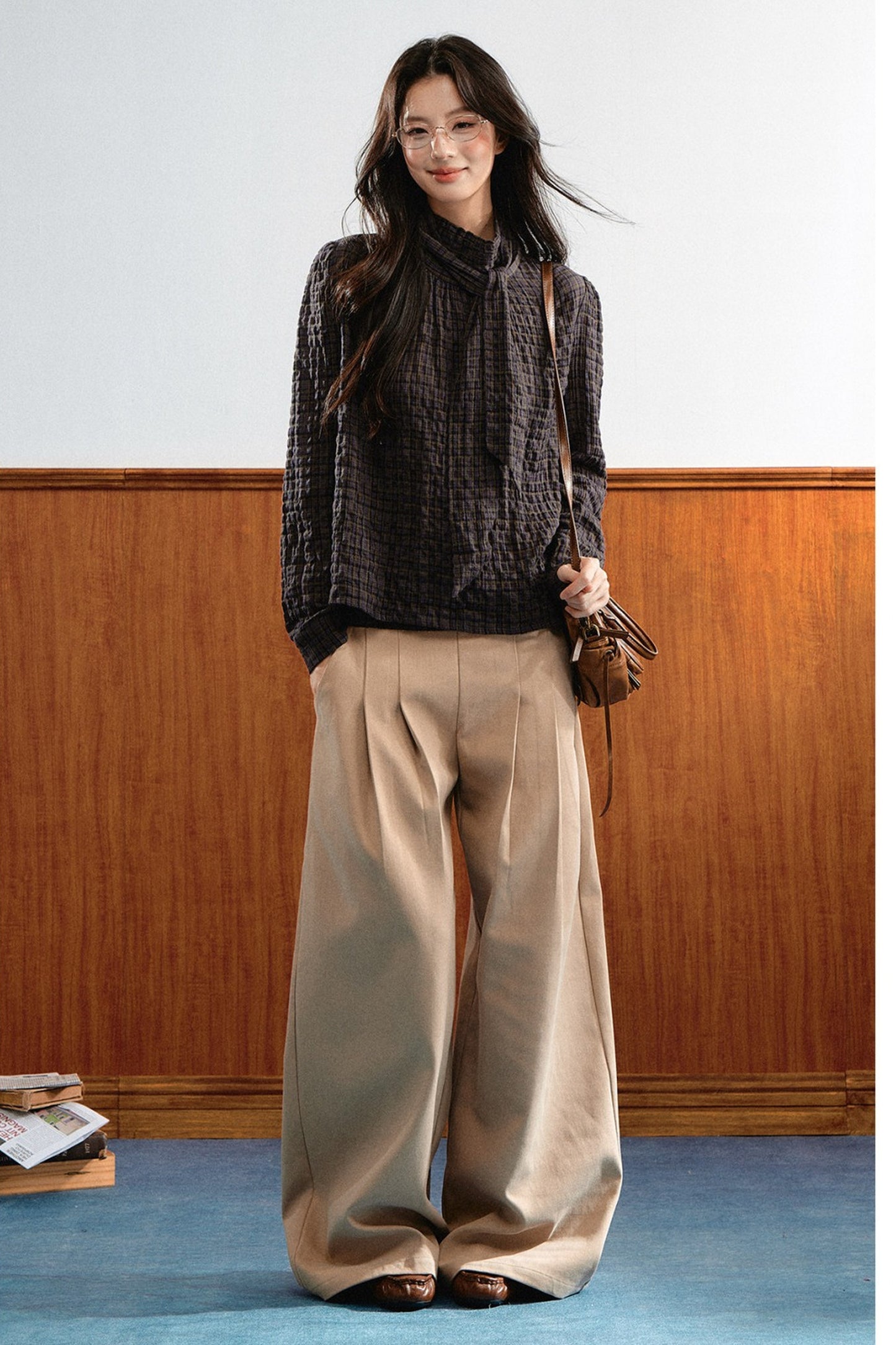 Plaid Cable-Knit Knit Shirt Top