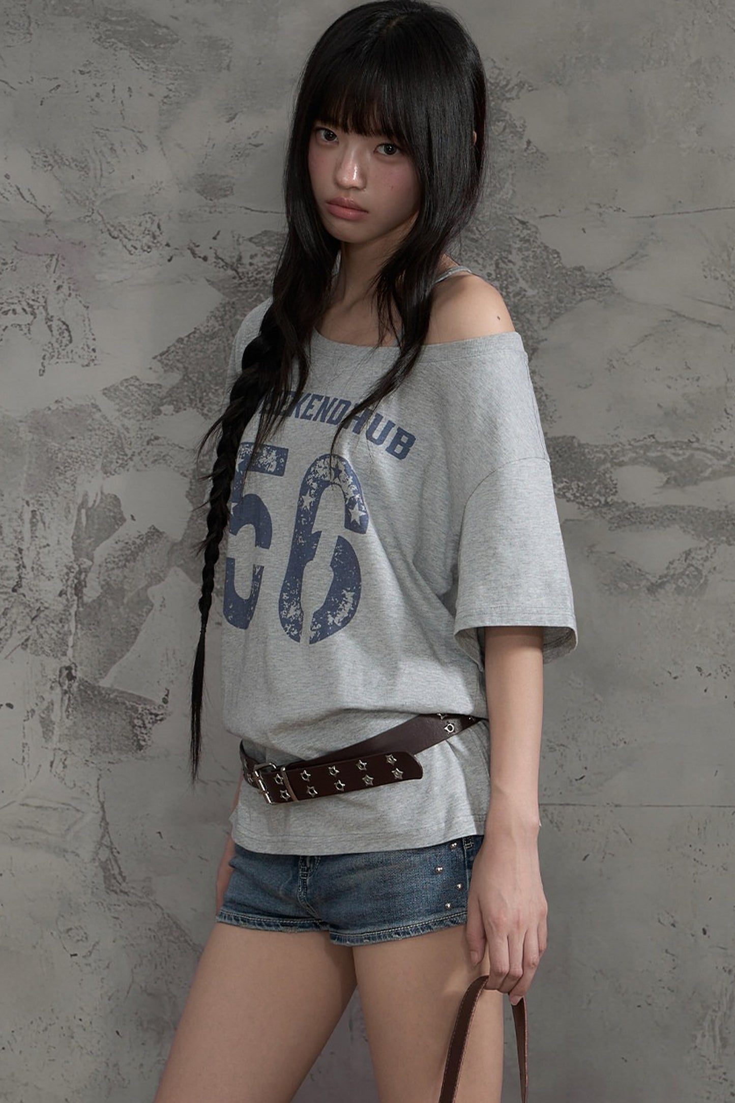 Slanted Shoulder Off-Shoulder T-Shirt Top and Pants Set-Up
