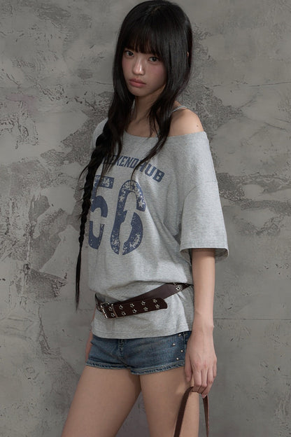 Slanted Shoulder Off-Shoulder T-Shirt Top and Pants Set-Up