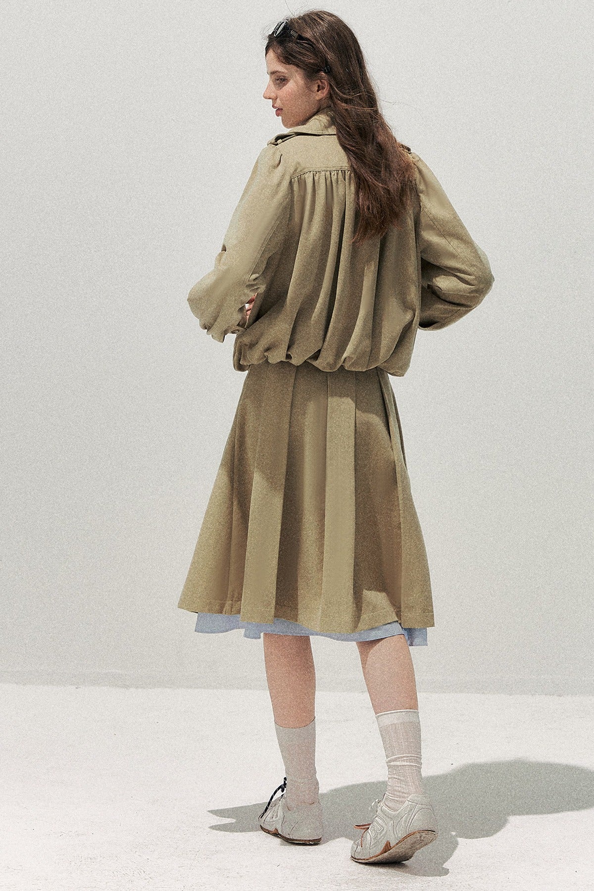 Khaki Short Trench Coat and Skirt Set-Up