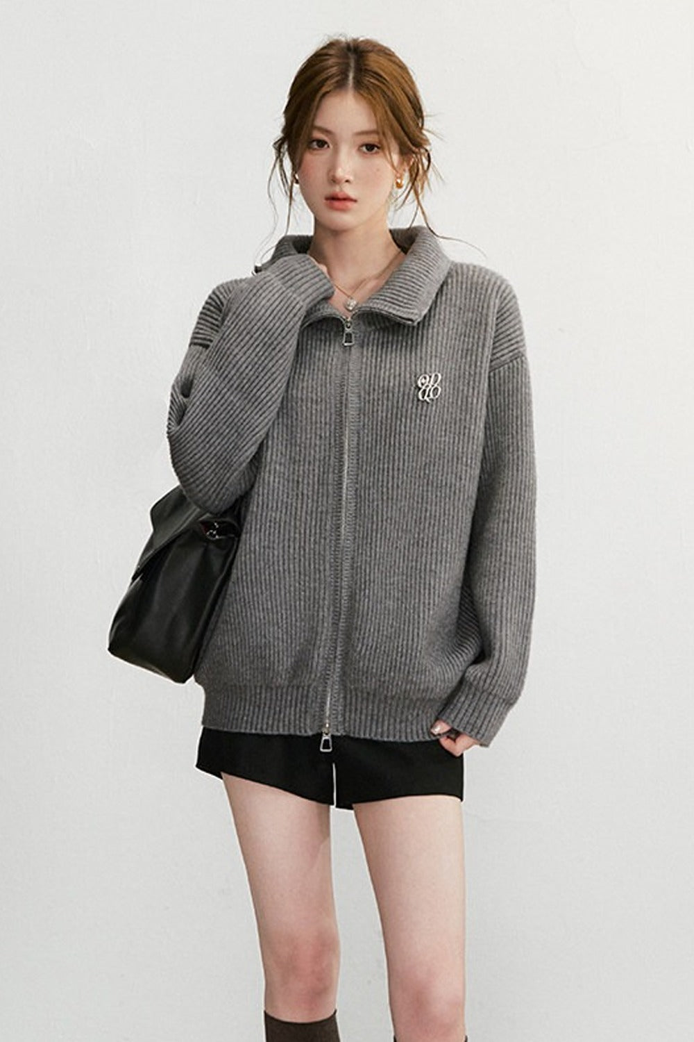Grey Textured Zipper Knit Jacket