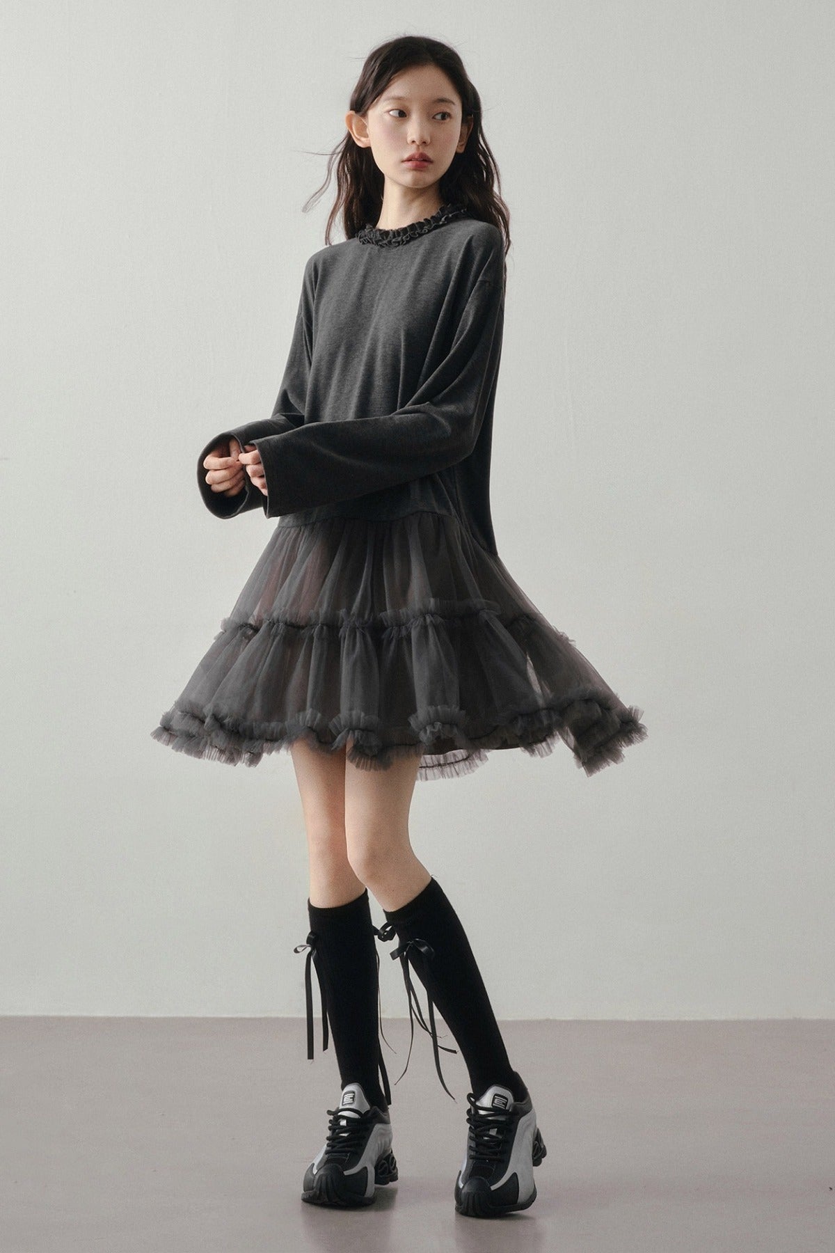 Gray Mesh Patchwork Long Sleeve Dress