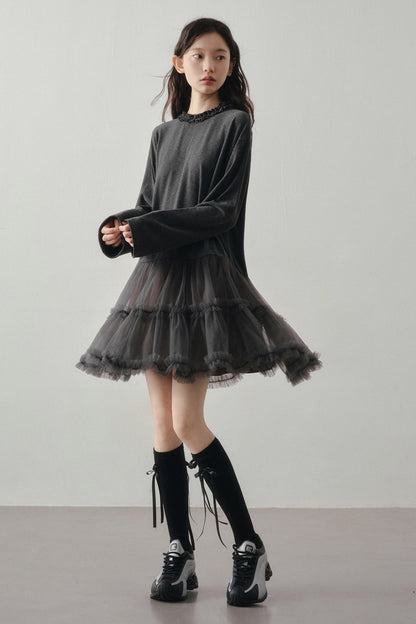 Gray Mesh Patchwork Long Sleeve Dress