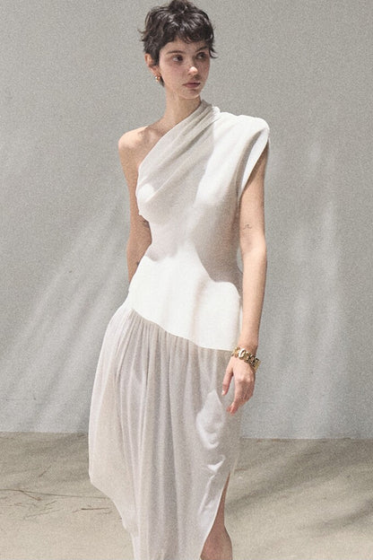 Irregular High-Waisted White Slit Skirt