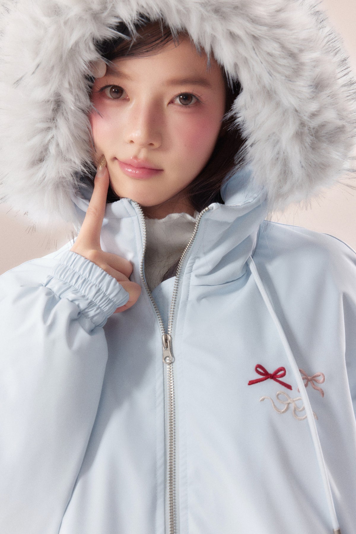 Embroidered Bow Fur Hood Down Jacket