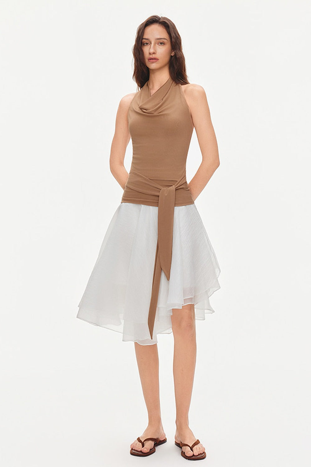 Asymmetrical Tie Waist Sheer Midi Skirt