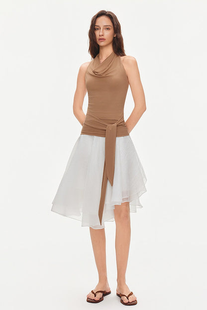 Asymmetrical Tie Waist Sheer Midi Skirt
