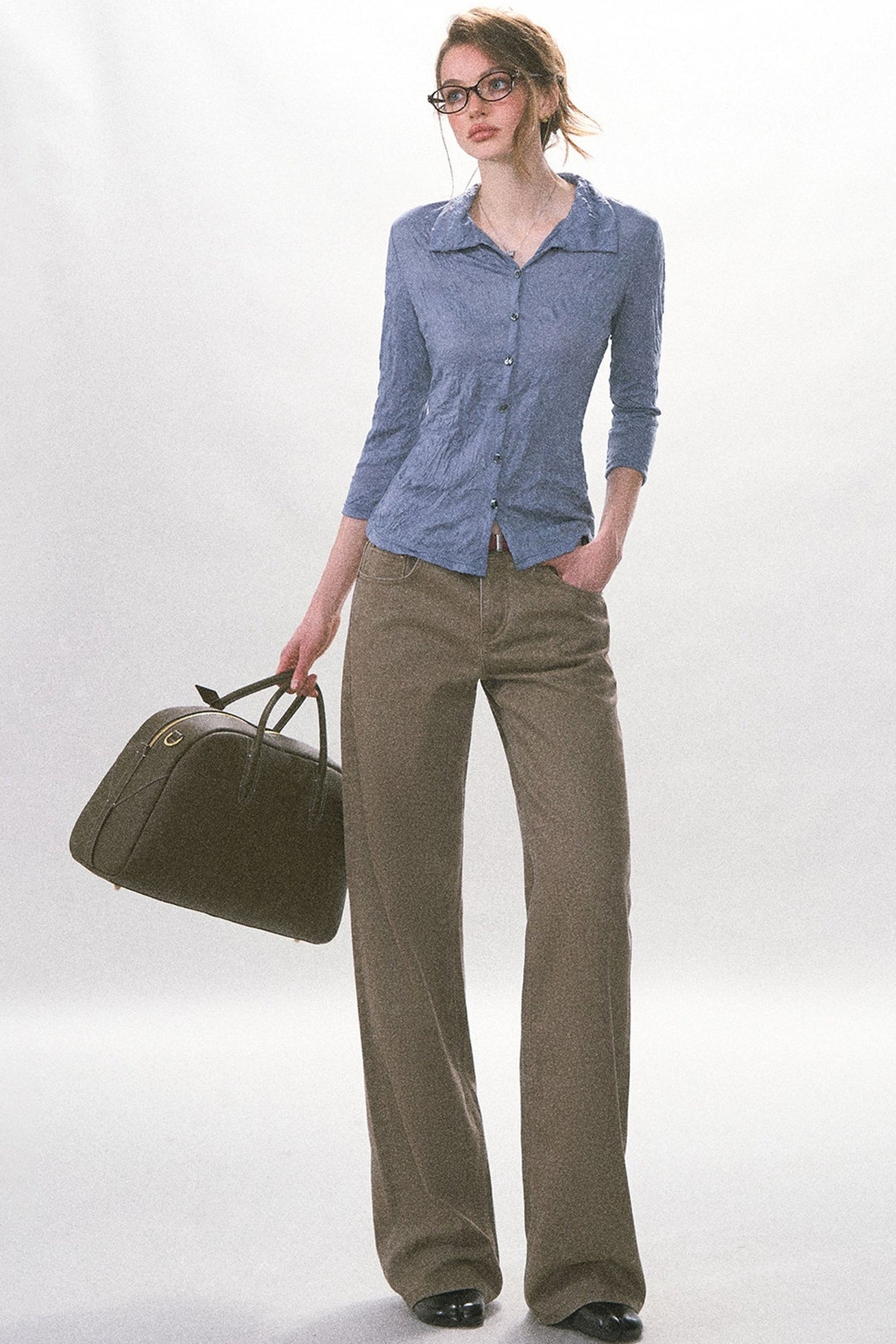 Pantalon rétro à jambes larges en sergé délavé