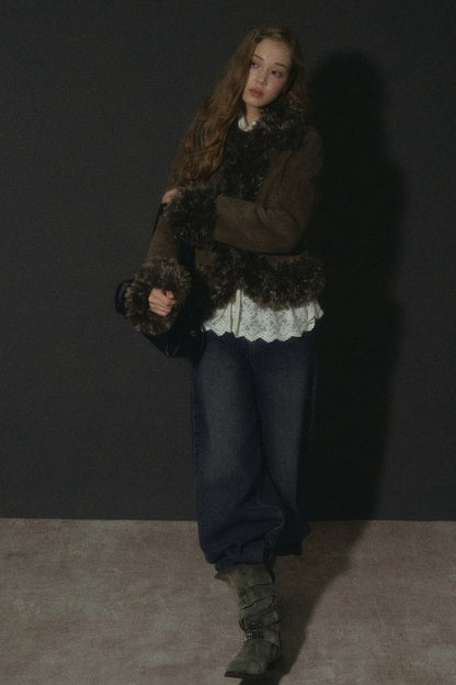 Faux Suede Short Fuzzy Collar Jacket