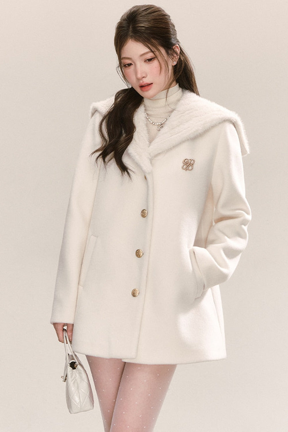 White Navy Collar Woolen Coat