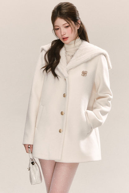 White Navy Collar Woolen Coat
