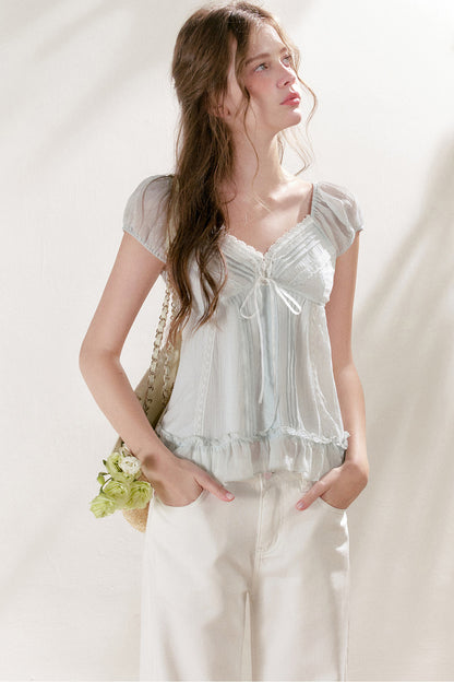 Pleated Tencel Lace Ruffle Short Sleeve Top