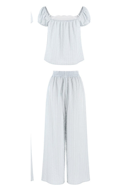 Blue Striped Square-Neck Shirt and Wide-Leg Pants Set-Up