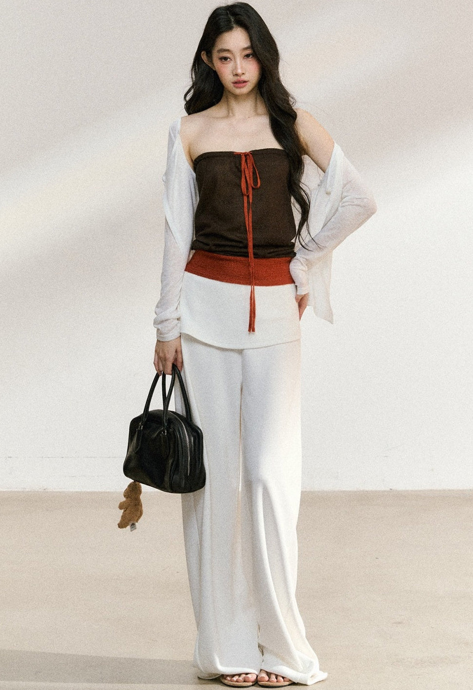 White Waistband Straight-Leg Pants