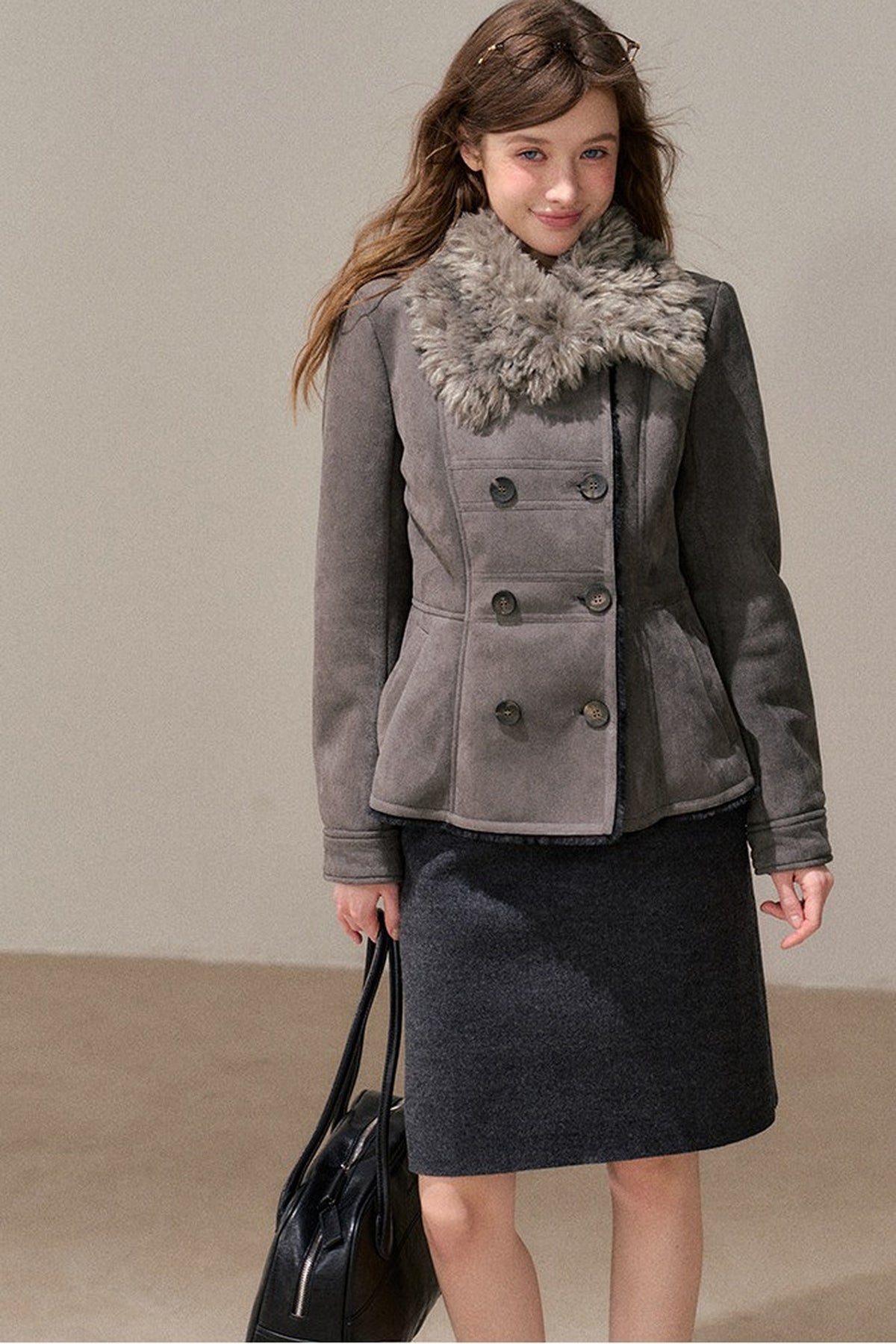Double-Breasted Fur Collar Jacket