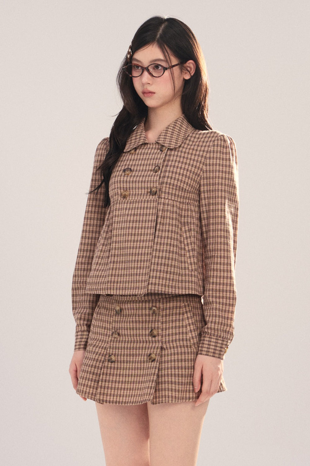 Long-Sleeved Plaid Shirt and Skirt Set-Up