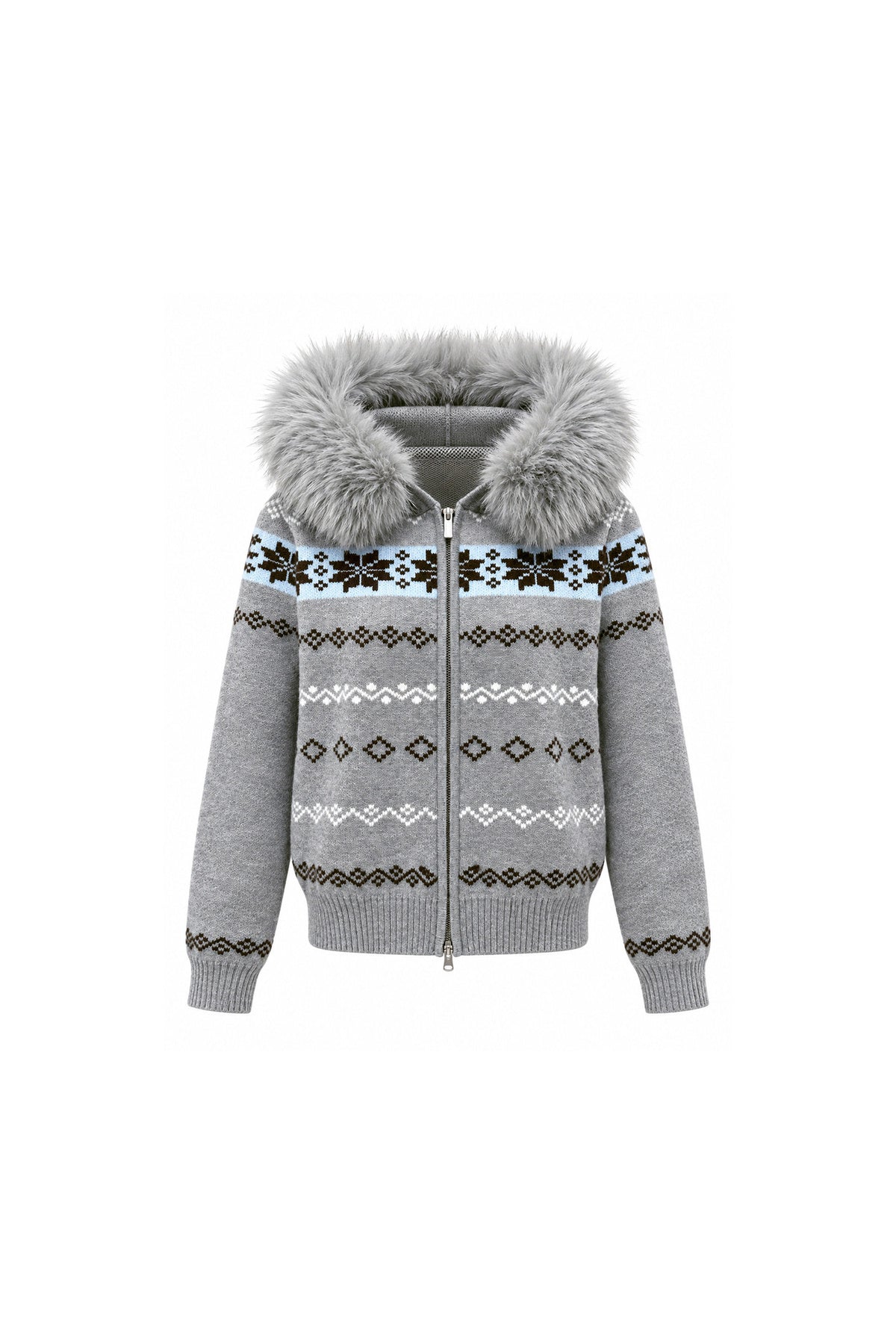 Fair Isle Jacquard Fur Collar Cardigan Set-Up