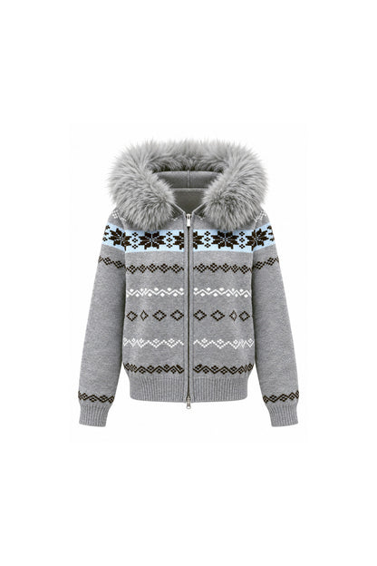 Fair Isle Jacquard Fur Collar Cardigan Set-Up