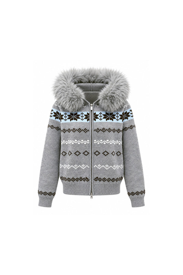 Fair Isle Jacquard Fur Collar Cardigan Set-Up