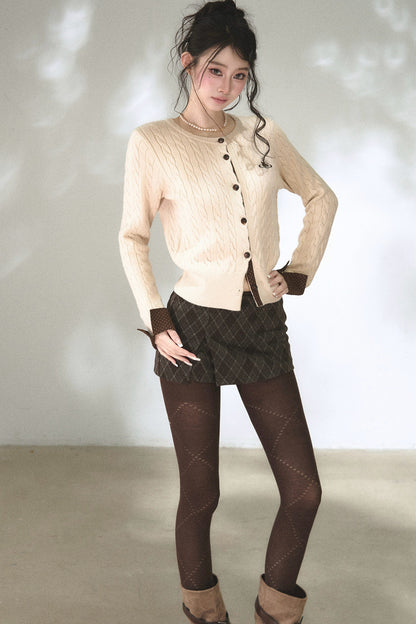 Color-Blocked Polka Dot Cable Knit Cardigan