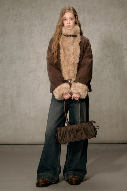 Wheat Spike Floral Plush Stand Collar Jacket