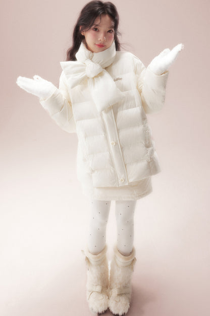 Bow-Knot Scarf Mid-Length Down Jacket
