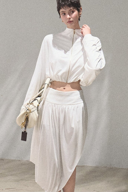 Irregular High-Waisted White Slit Skirt