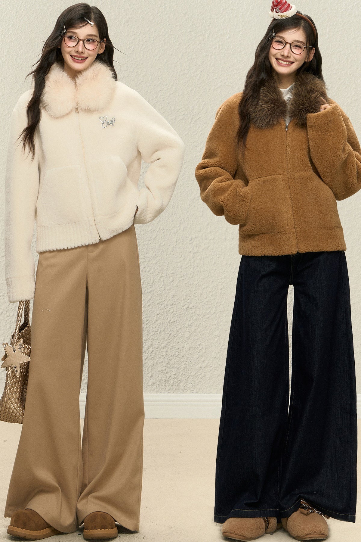 Warm Fur Collar Cardigan and Pants Set-Up