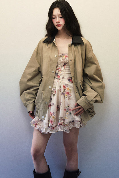 Oversized Khaki Green Black Lapel Jacket