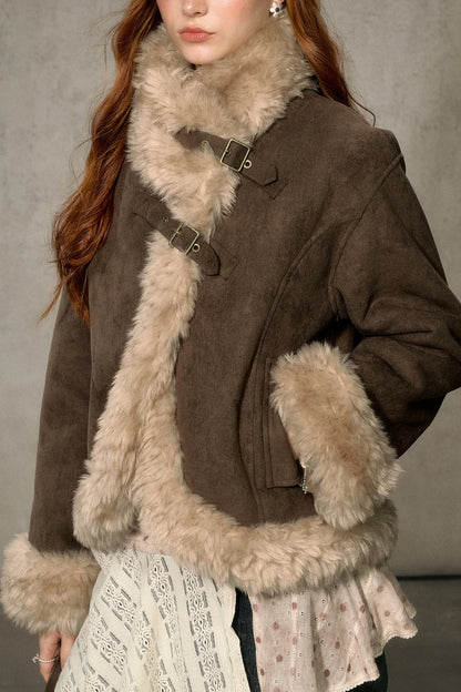 Oatmeal Chocolate Fur Trim Asymmetrical Jacket