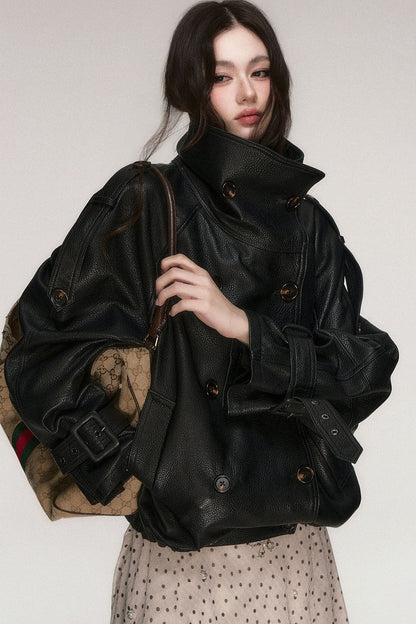 Lederjacke mit lockerer Silhouette und zweireihiger Knopfleiste