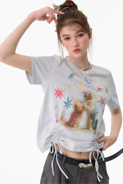 Cat Print Drawstring T-Shirt