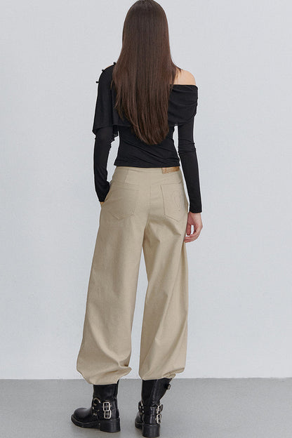 Asymmetric One-Shoulder Button Shawl Long Sleeve Top