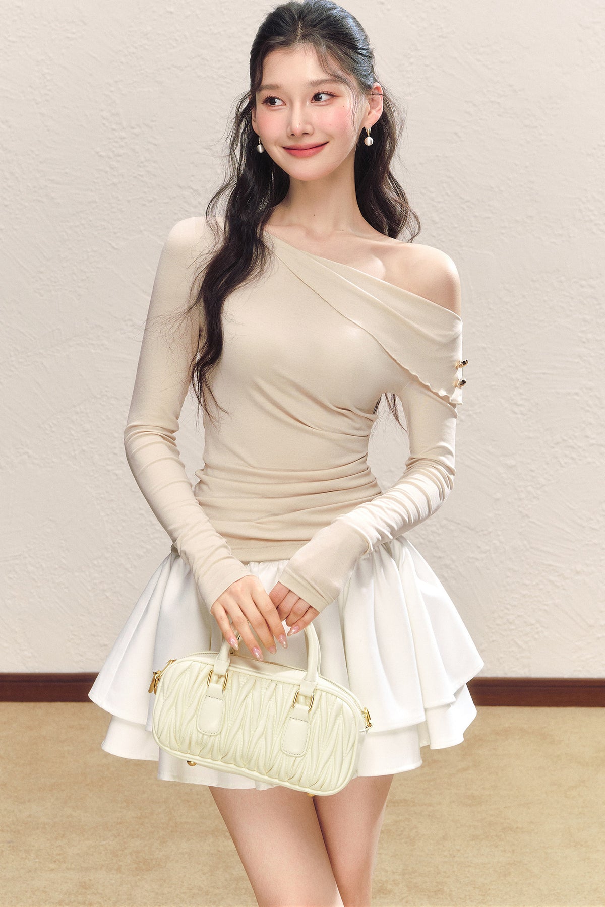 Asymmetrical Collar Long-Sleeved Knit Top and Skirt Set-Up
