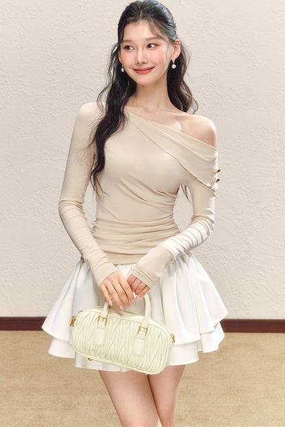 Asymmetrical Collar Long-Sleeved Knit Top and Skirt Set-Up