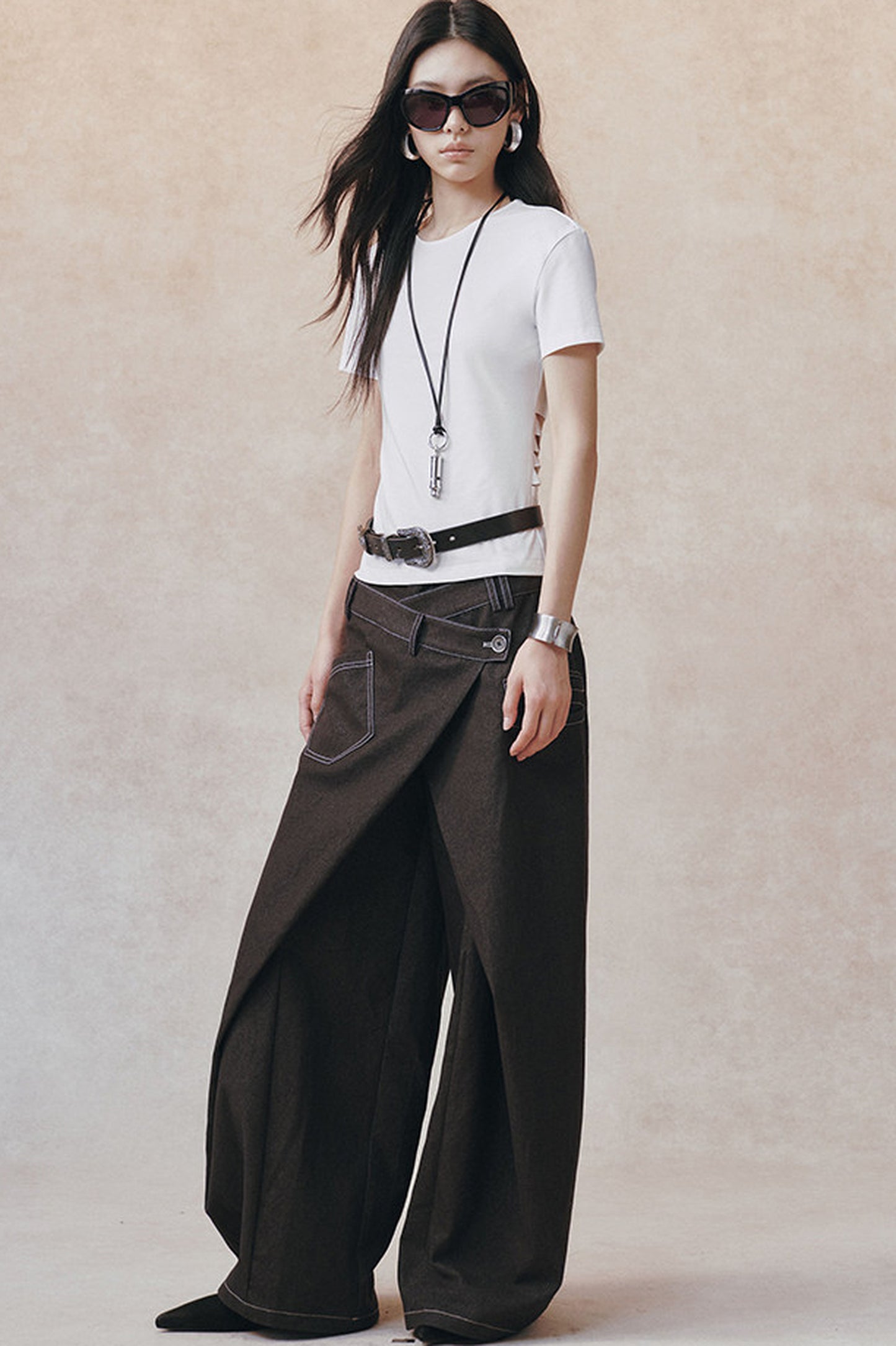 Backless Pleated Hollow-Out Short-Sleeve T-Shirt