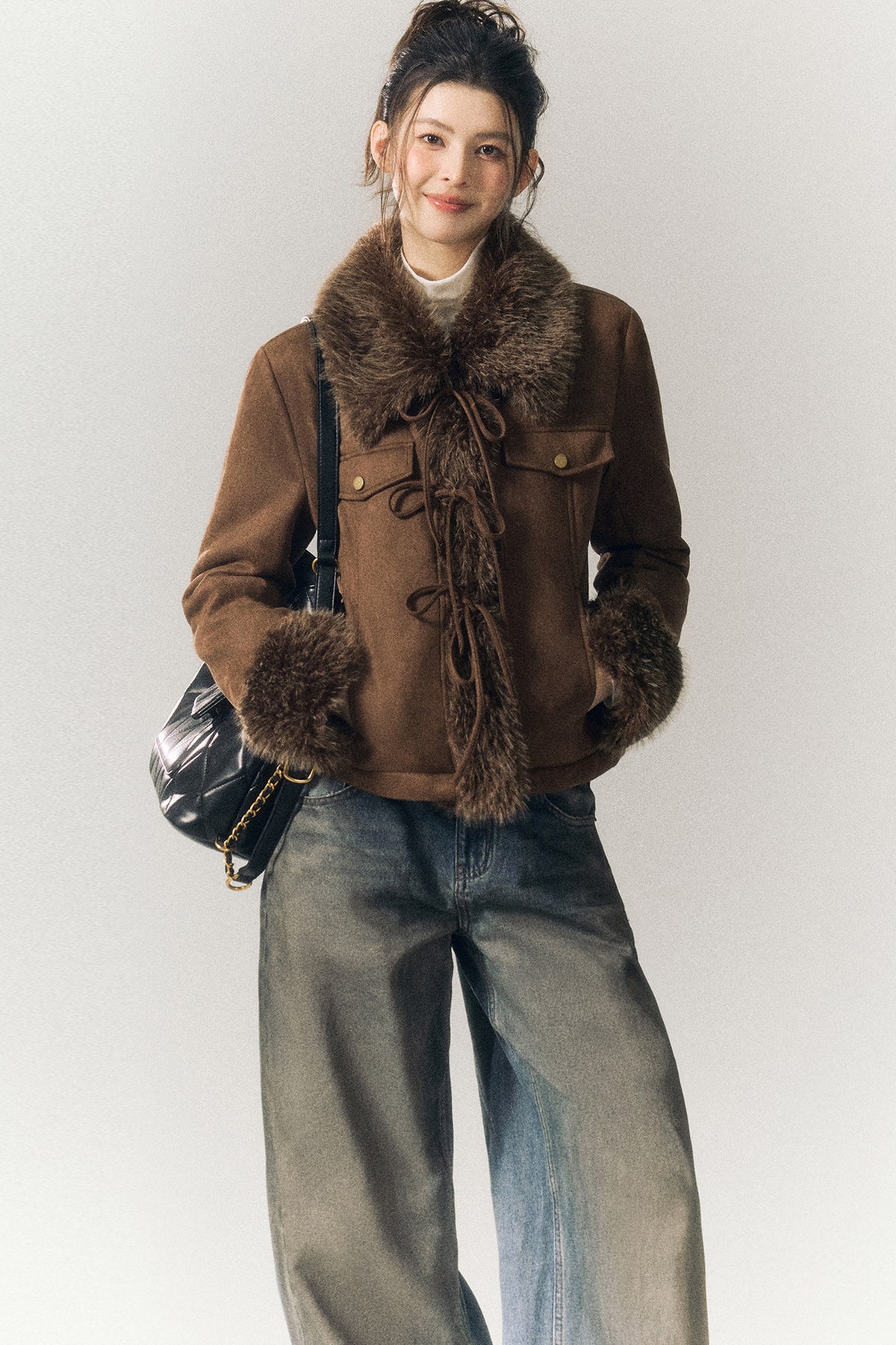 Suede Fur Collar Lace-Up Jacket