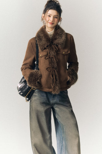 Suede Fur Collar Lace-Up Jacket