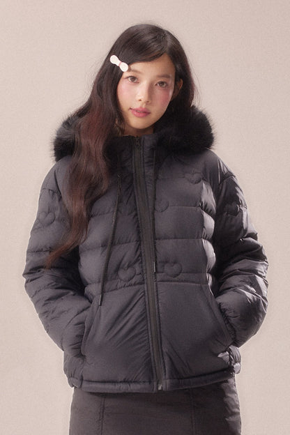 Heart Quilted Fur Collar Hooded Jacket