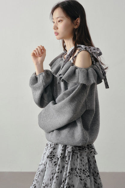 Gray Off-Shoulder Sweater Leopard Skirt Set-Up