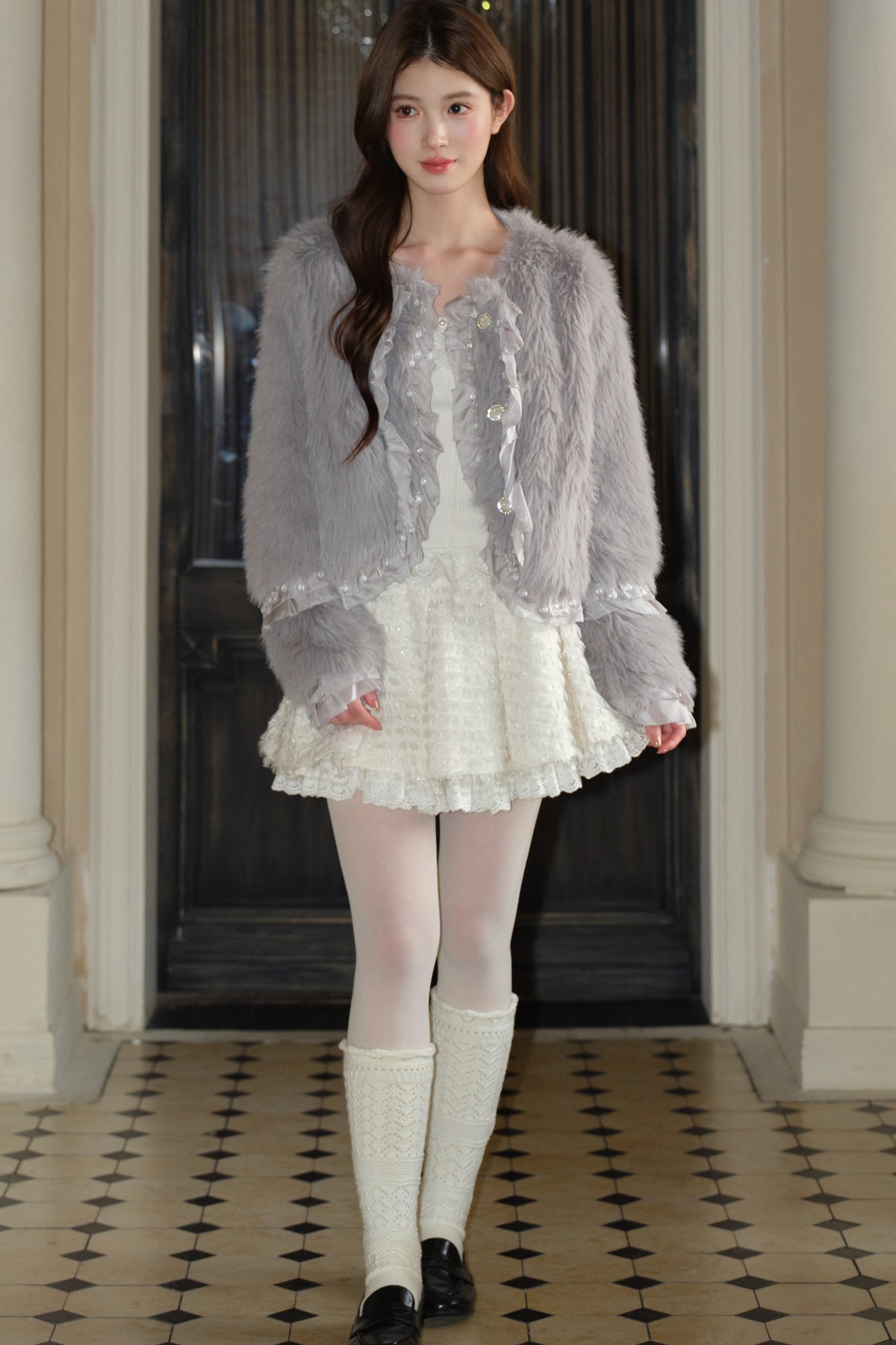 Beaded Ruffle Faux Fur Coat