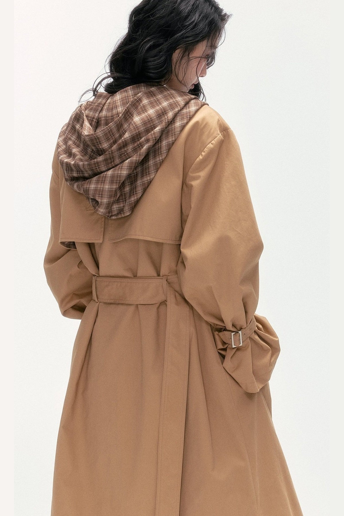 Plaid Patchwork Double-Breasted Hooded Padded Trench Coat