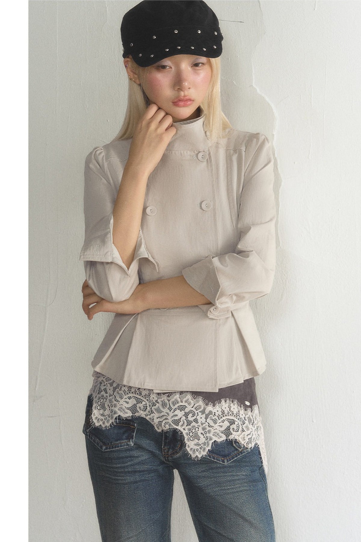 Stand Collar Double-Breasted Ruffled Hem Jacket