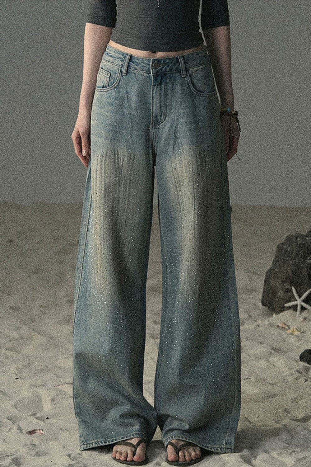 American-Style Rhinestone Wide-Leg Jeans
