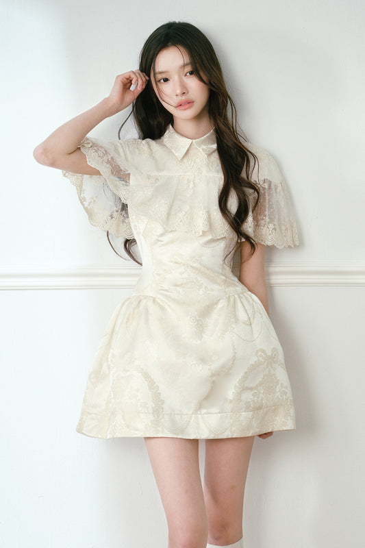 Champagne Satin Jacquard Cape Dress