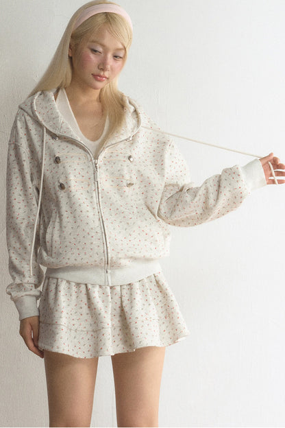 Floral Hooded Cardigan and Skirt Set-Up