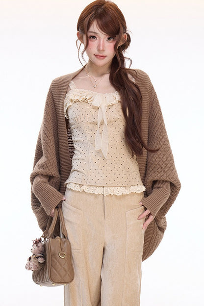 Polka Dot Lace Cami and Knitwear With Pants Set-Up